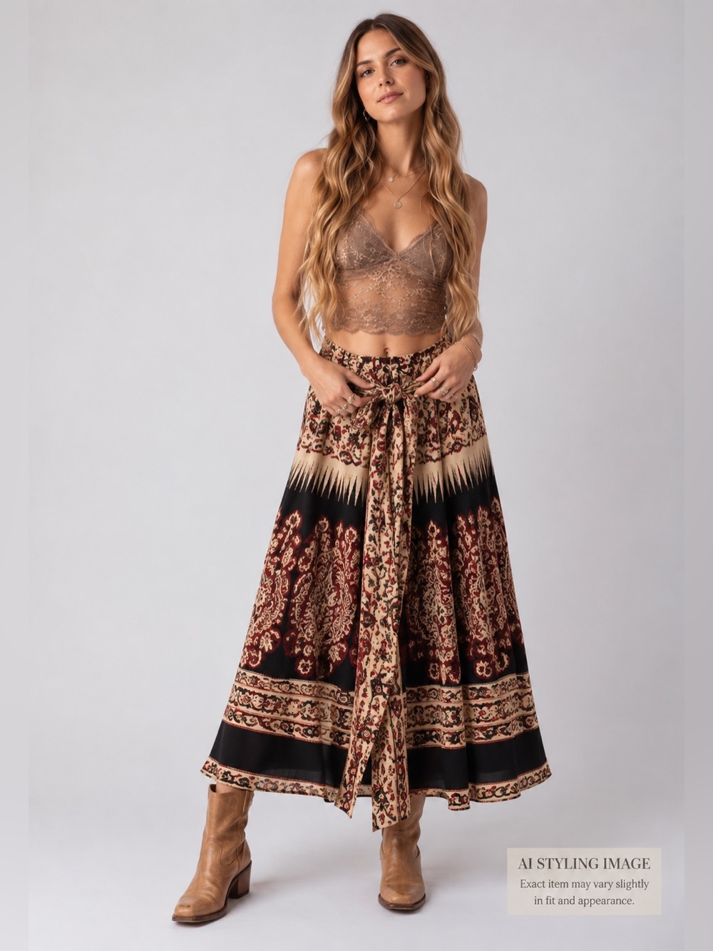 ABID 100% Cotton Pakistan Boho Paisley Tie Waist Midi Skirt S